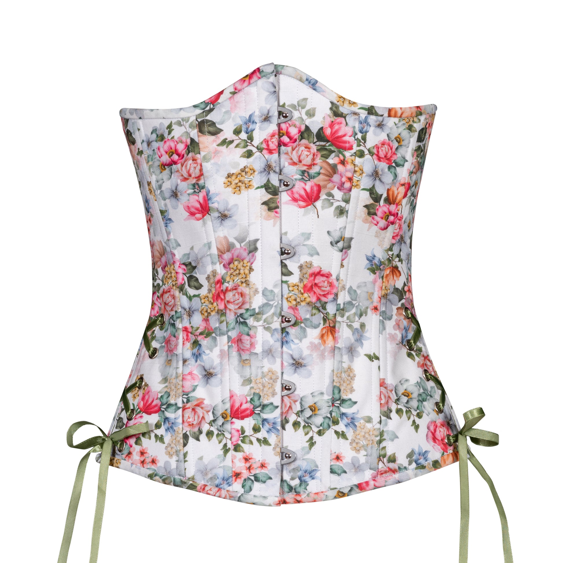 Floral Sweetness Corset, Slim Silhouette, Long. Front View with Green Hip Ties 
