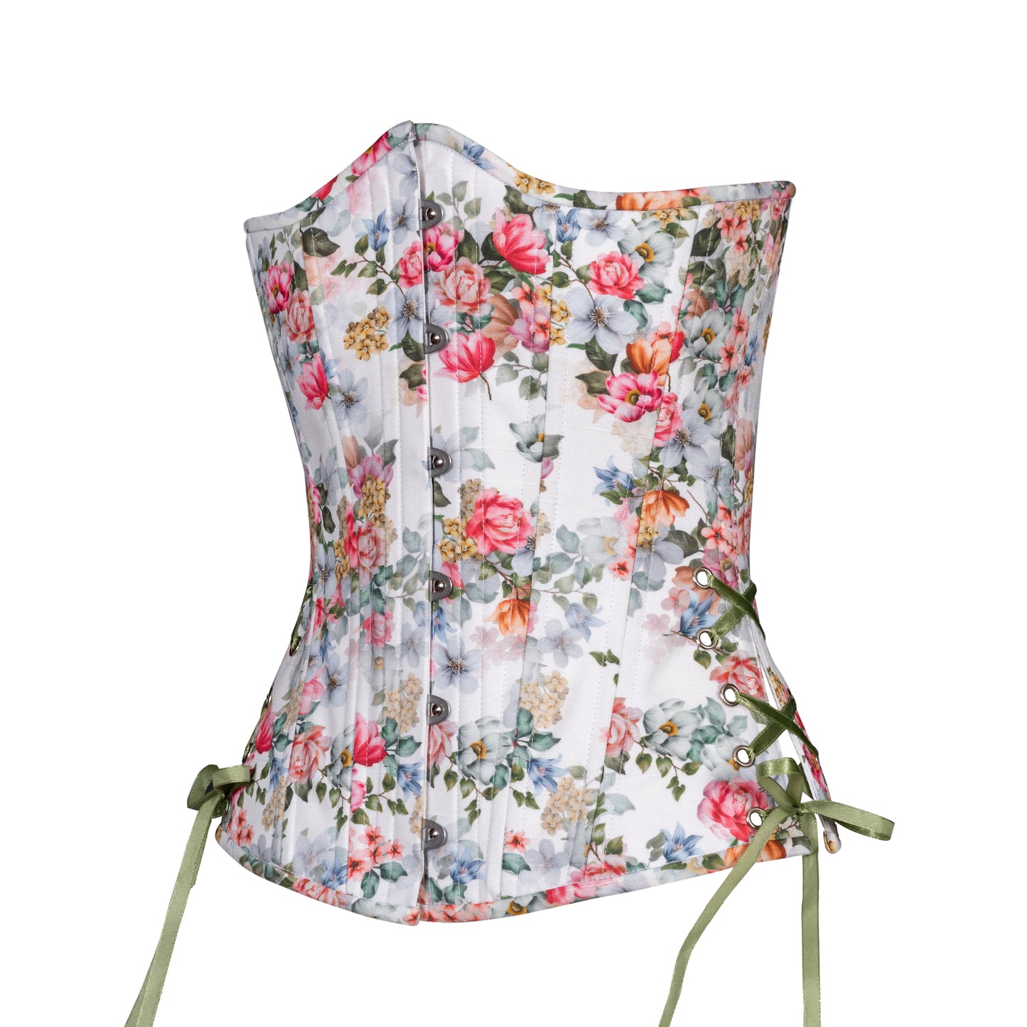 Floral Sweetness Corset, Slim Silhouette, Long. Side View with Green Hip Ties 