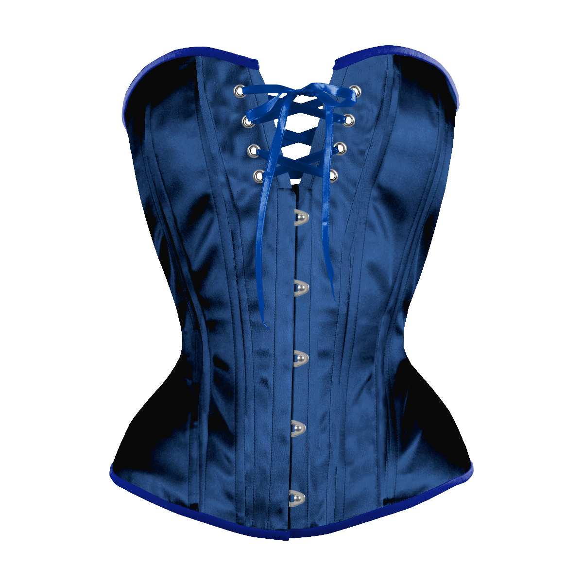 Midnight Blue Satin Overbust Corset, Hourglass Silhouette, Regular