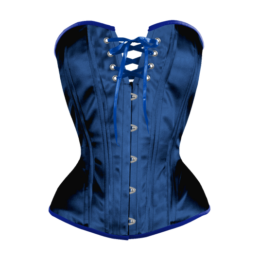 Midnight Blue Satin Overbust Corset, Hourglass Silhouette, Regular