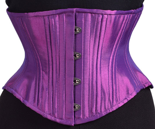 Iridescent purple corset, hourglass silhouette, short waspie cincher length, front view with busk closure 