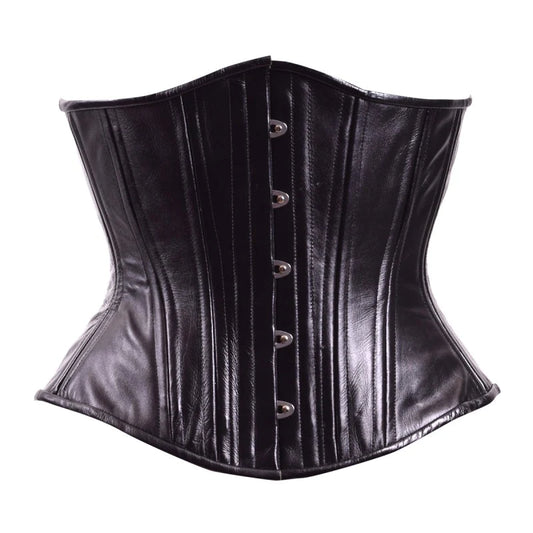 Black Genuine Leather Corset, hourglass silhouette, regular underbust length, front view with busk closure 