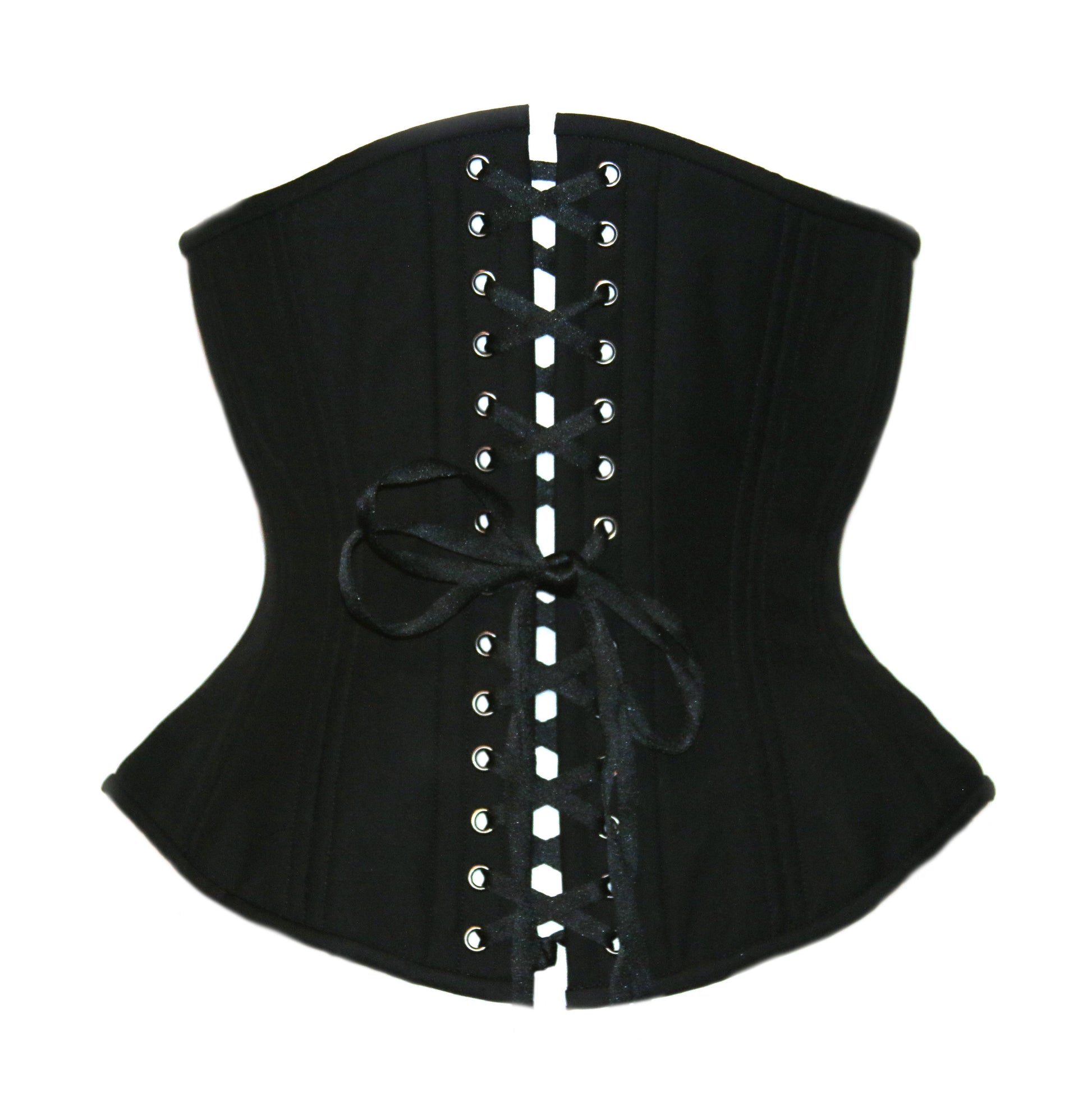 Black Cashmere corset with silver zipper closure, hourglass silhouette, regular underbust length, back view with black flat shoe lacing 