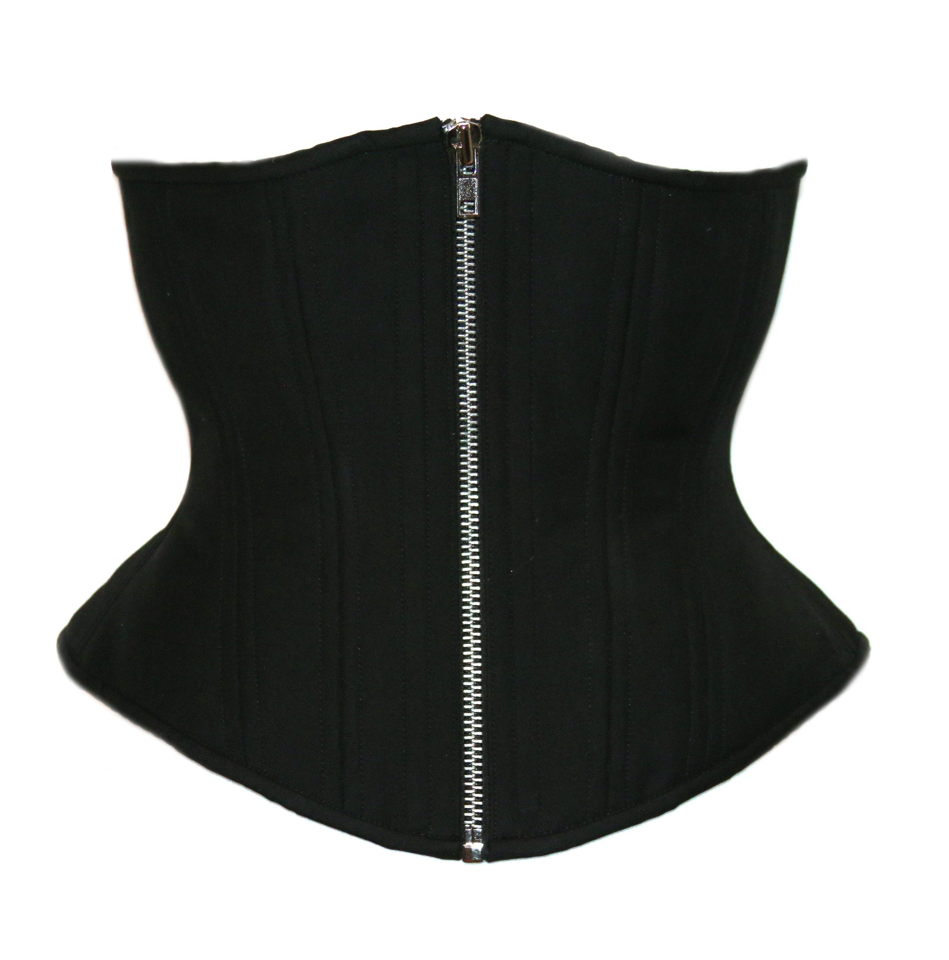 Black Cashmere corset with silver zipper closure, hourglass silhouette, regular underbust length, front view with zipper closure 