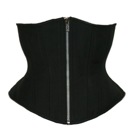 Black Cashmere corset with silver zipper closure, hourglass silhouette, regular underbust length, front view with zipper closure 