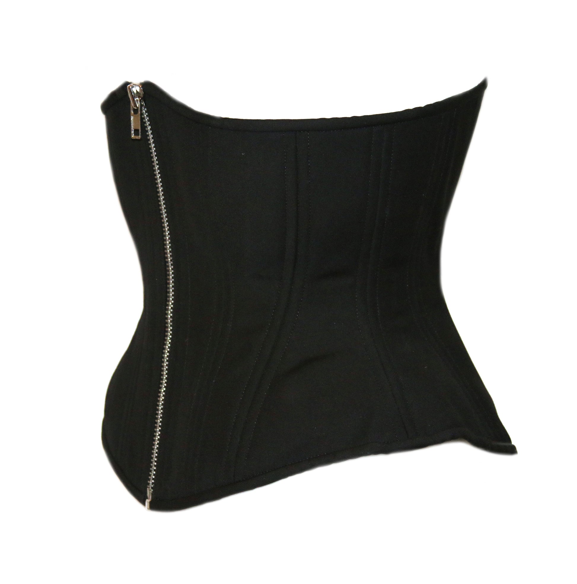 Black Cashmere corset with silver zipper closure, hourglass silhouette, regular underbust length, side view 