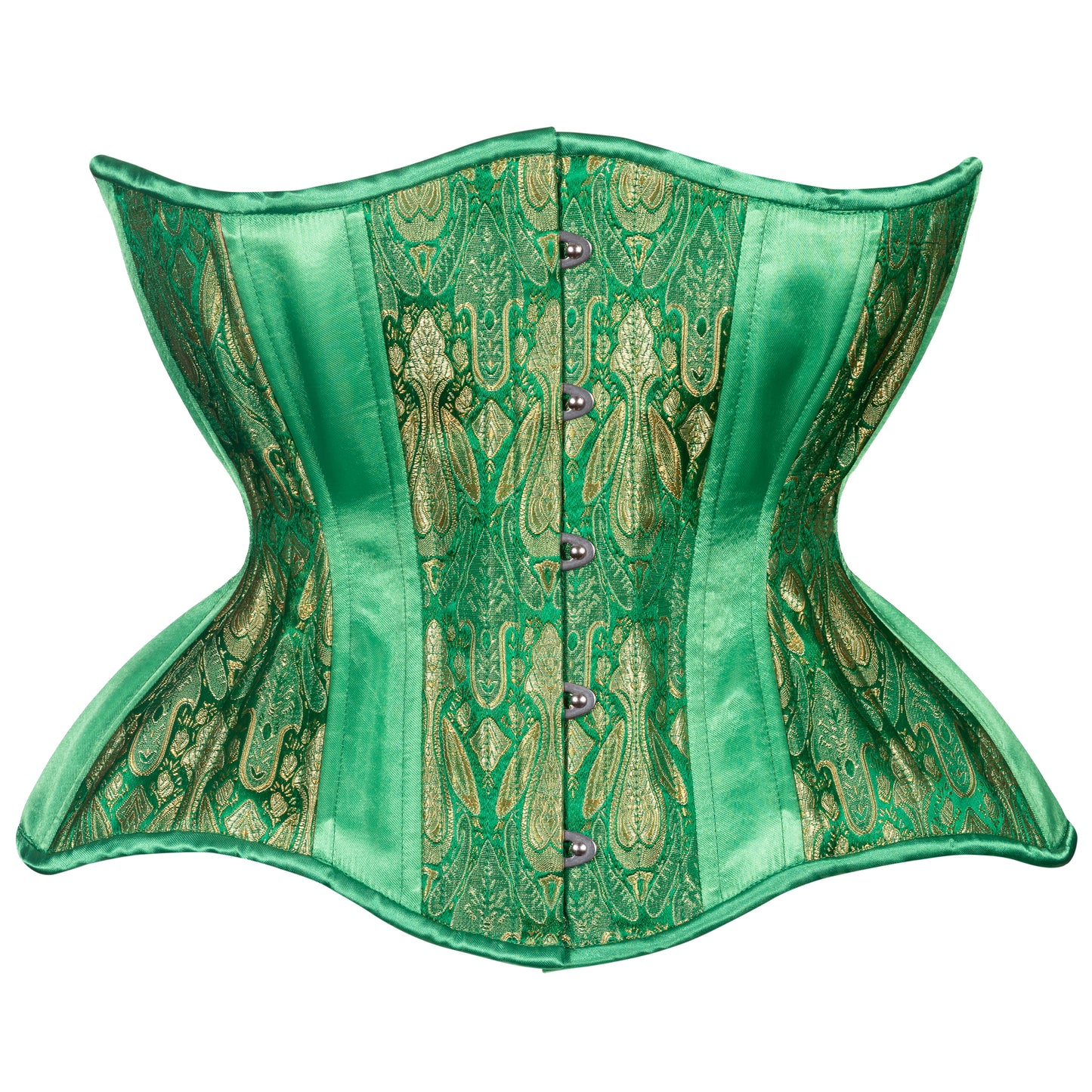 Green and gold brocade corset with kelly green satin insert panels, curvy Gemini cupped rib silhouette, regular underbust length, front view with busk closure 