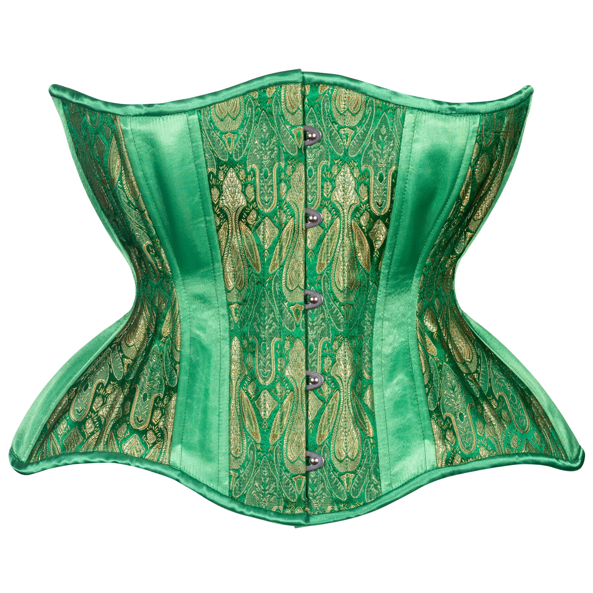 Green and gold brocade corset with kelly green satin insert panels, curvy Gemini cupped rib silhouette, regular underbust length, front view with busk closure 
