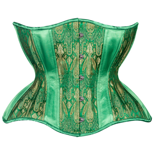 Green and gold brocade corset with kelly green satin insert panels, curvy Gemini cupped rib silhouette, regular underbust length, front view with busk closure 