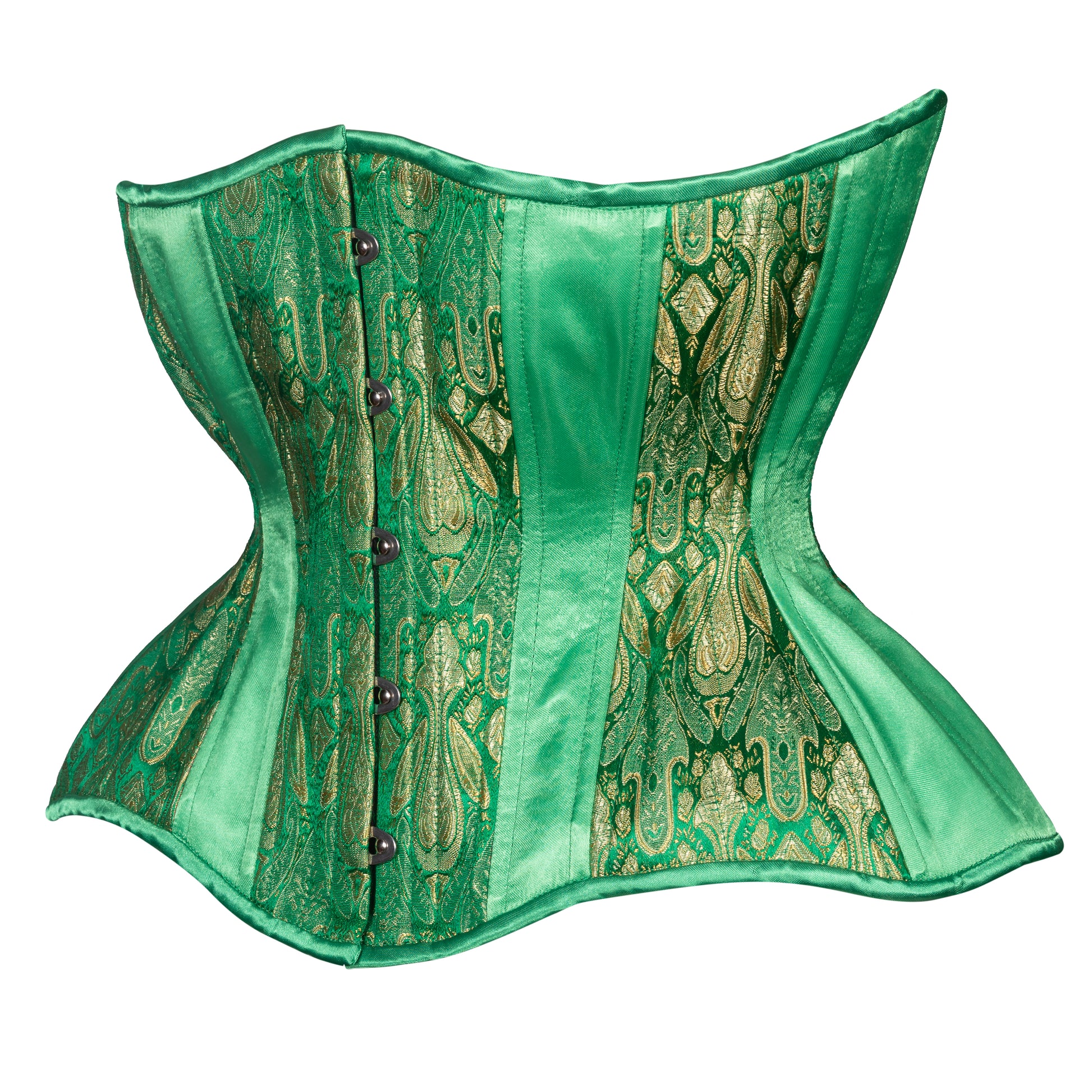 Green and gold brocade corset with kelly green satin insert panels, curvy Gemini cupped rib silhouette, regular underbust length, side view 