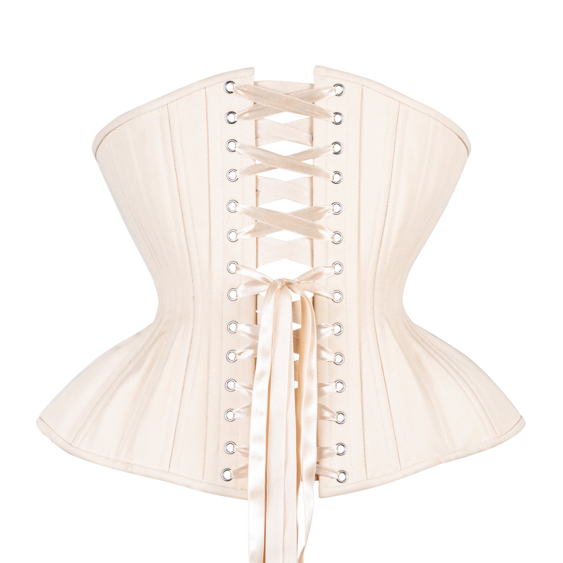Beige Cotton Corset, curvy Gemini straight rib silhouette, regular underbust length, back view with beige ribbon lacing 