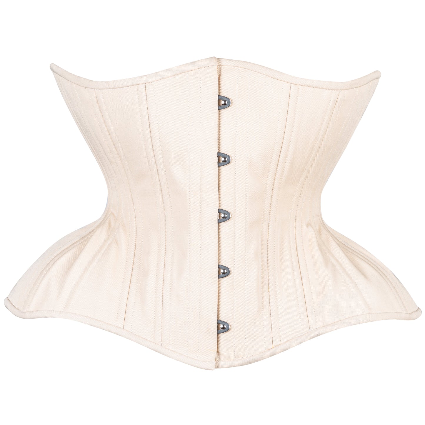 Beige Cotton Corset, curvy Gemini straight rib silhouette, regular underbust length, front view with busk closure 