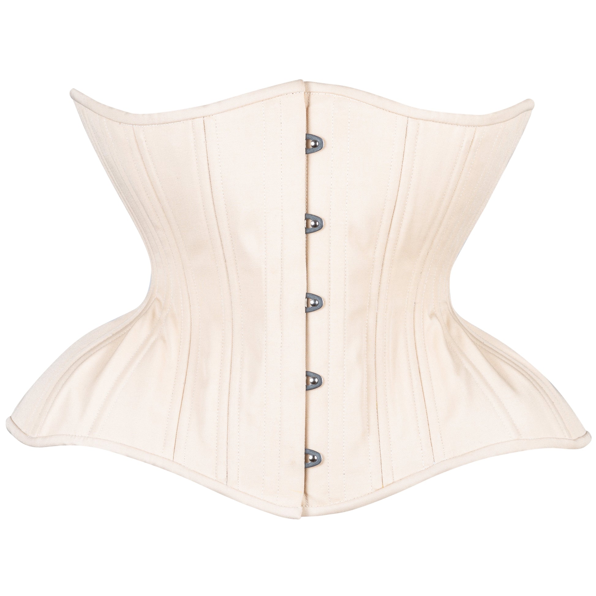 Beige Cotton Corset, curvy Gemini straight rib silhouette, regular underbust length, front view with busk closure 