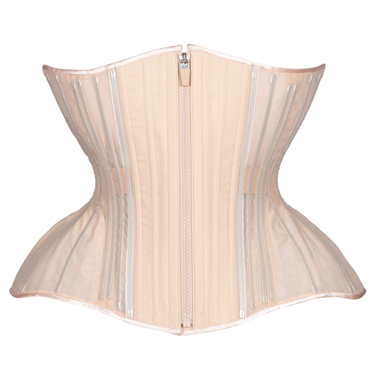 Beige Fine Mesh "No Line" corset with zipper closure, curvy Gemini straight rib silhouette, regular underbust length, front view with zipper closure 