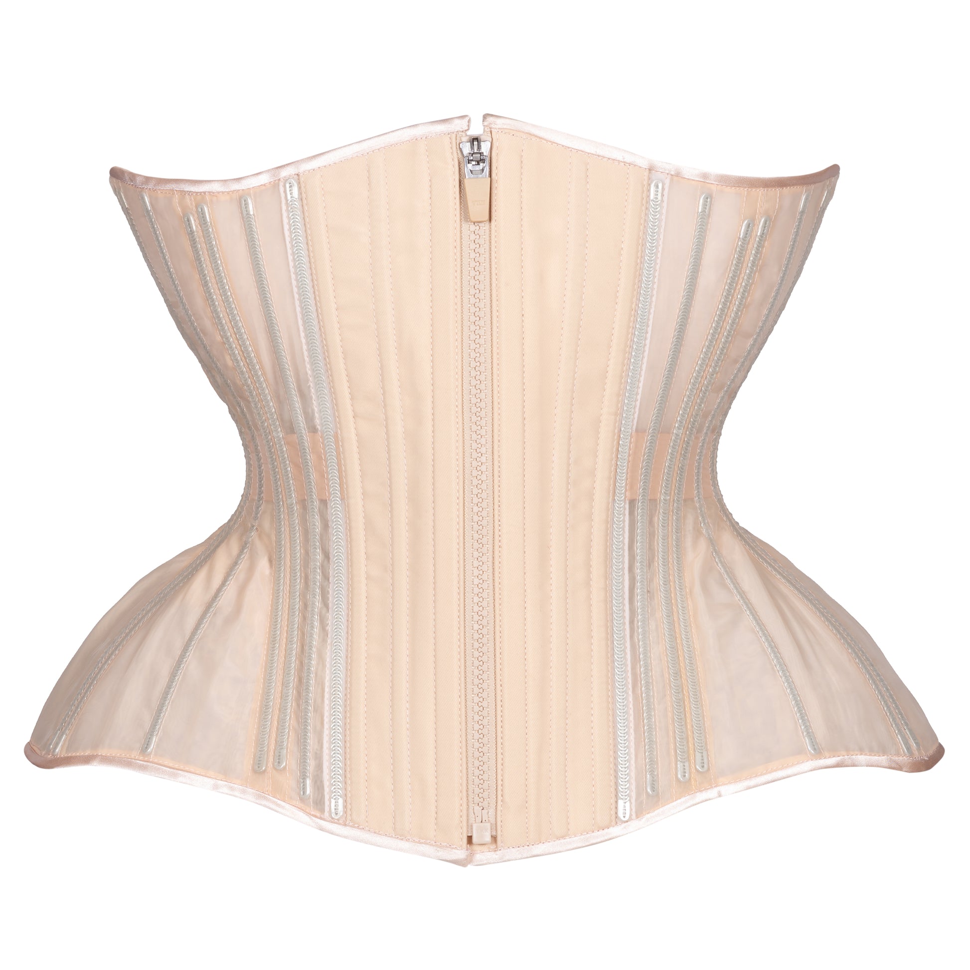 Beige Fine Mesh "No Line" corset with zipper closure, curvy Gemini straight rib silhouette, regular underbust length, front view with zipper closure 
