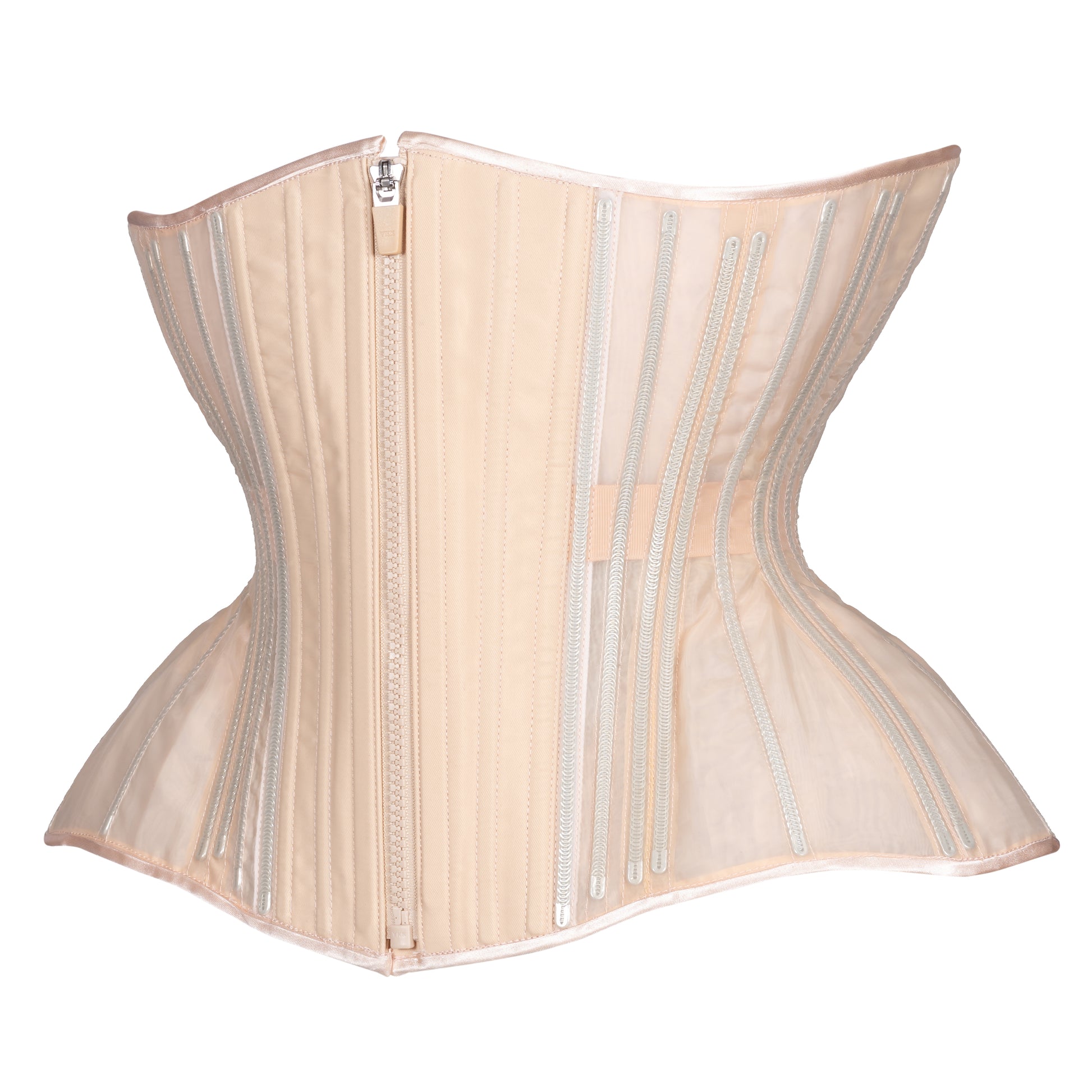 Beige Fine Mesh "No Line" corset with zipper closure, curvy Gemini straight rib silhouette, regular underbust length, side view 