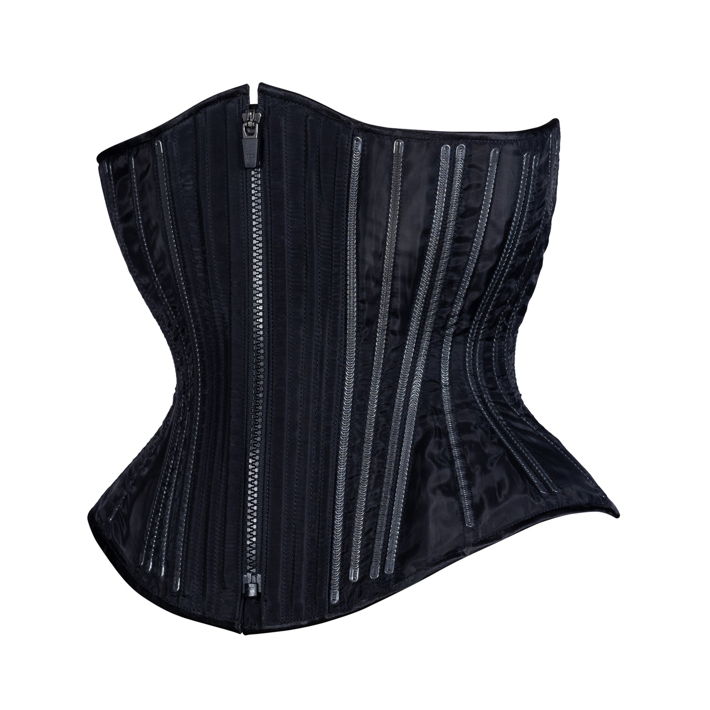 Black Fine Mesh "No Line" corset with black zipper closure, hourglass silhouette, regular underbust length, side view 