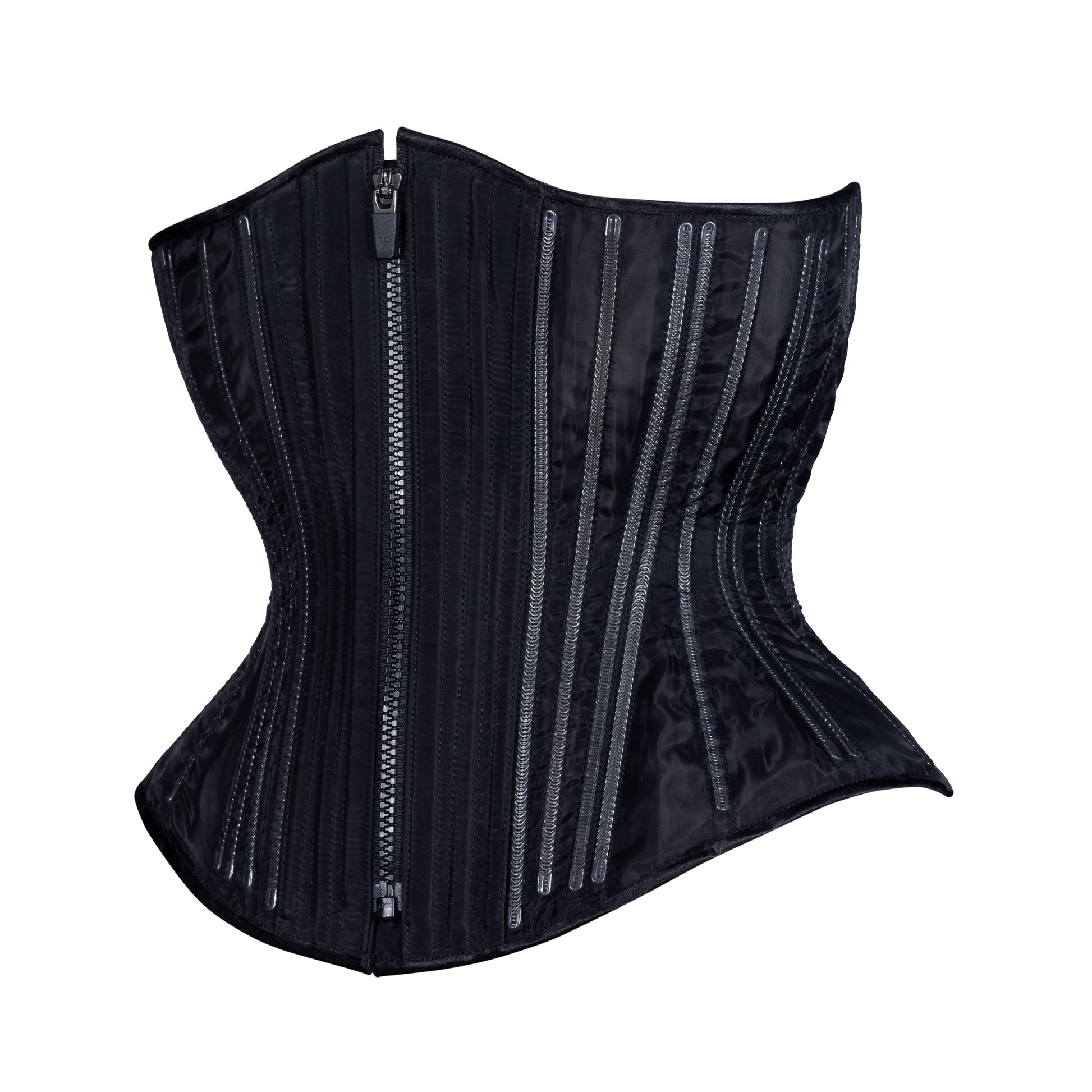 Black Fine Mesh "No Line" corset with black zipper closure, hourglass silhouette, regular underbust length, side view 