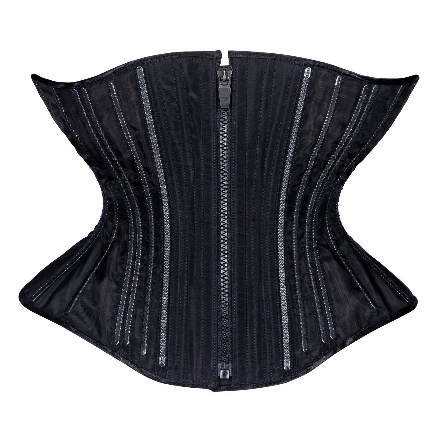 Black Fine Mesh "No Line" corset with black zipper closure, Libra silhouette, regular underbust length, front view with zipper closure 