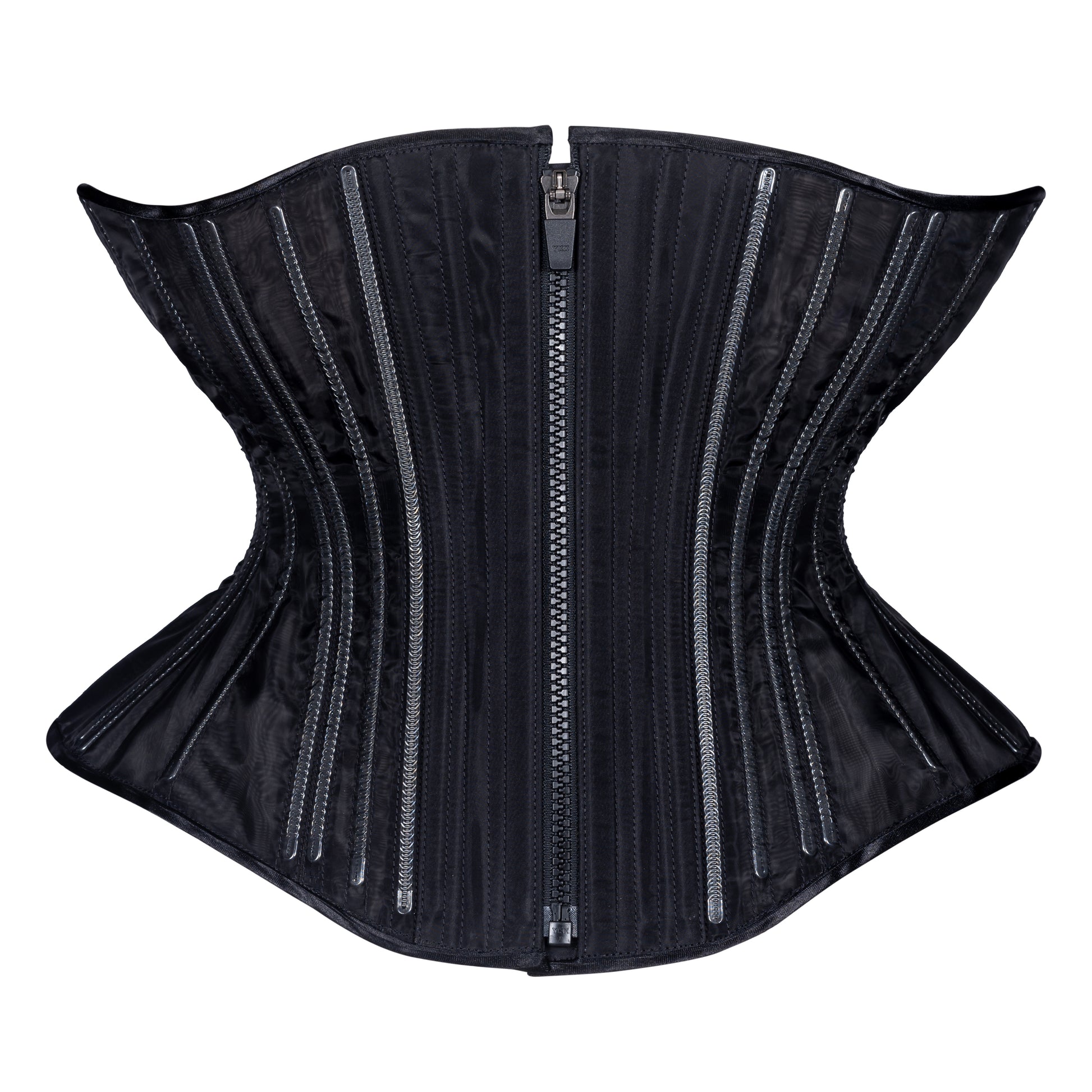 Black Fine Mesh "No Line" corset with black zipper closure, Libra silhouette, regular underbust length, front view with zipper closure 
