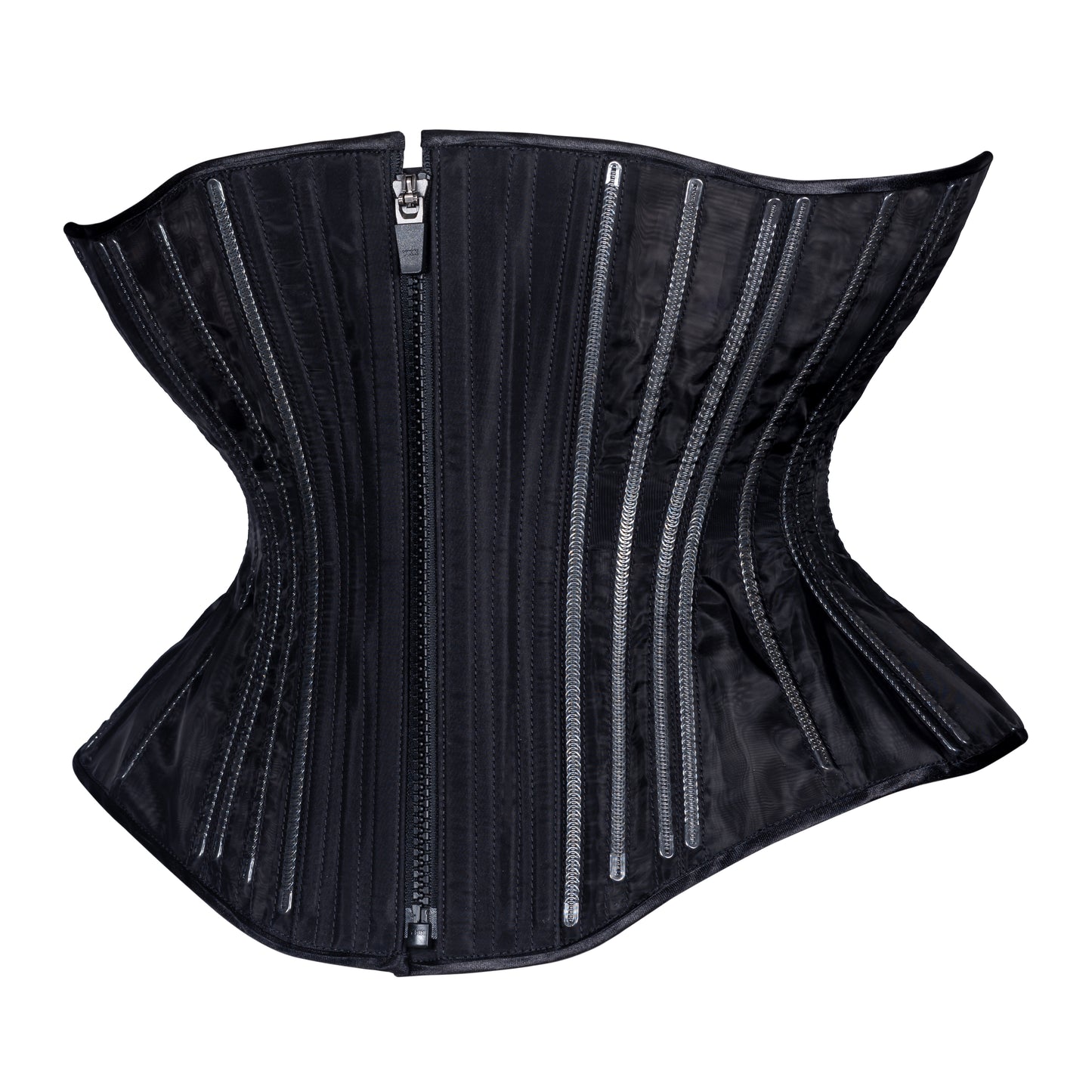 Black Fine Mesh "No Line" corset with black zipper closure, Libra silhouette, regular underbust length, side view 
