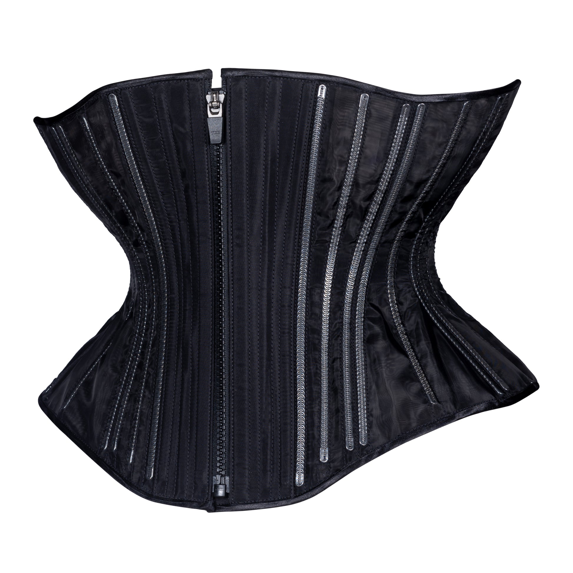 Black Fine Mesh "No Line" corset with black zipper closure, Libra silhouette, regular underbust length, side view 