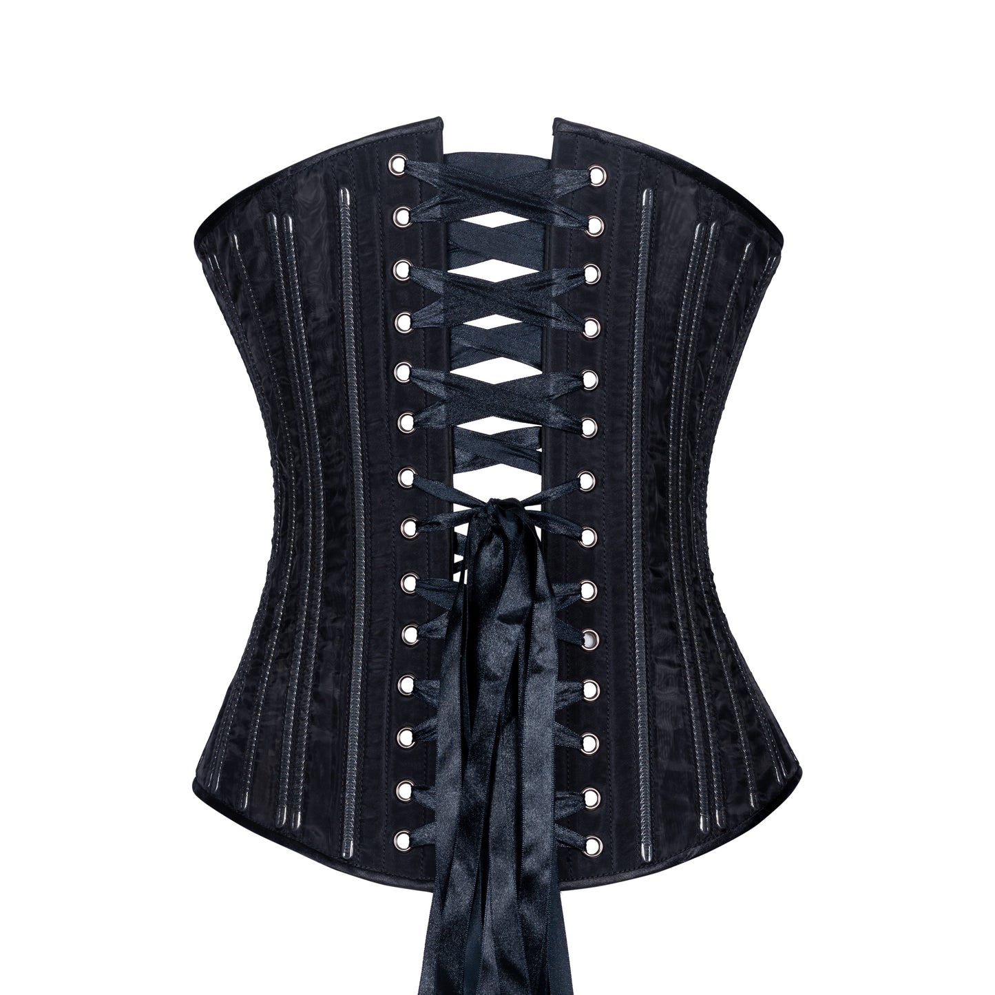 Black Fine Mesh "No Line" corset with black zipper closure, slim silhouette, regular underbust length, back view with black ribbon lacing 