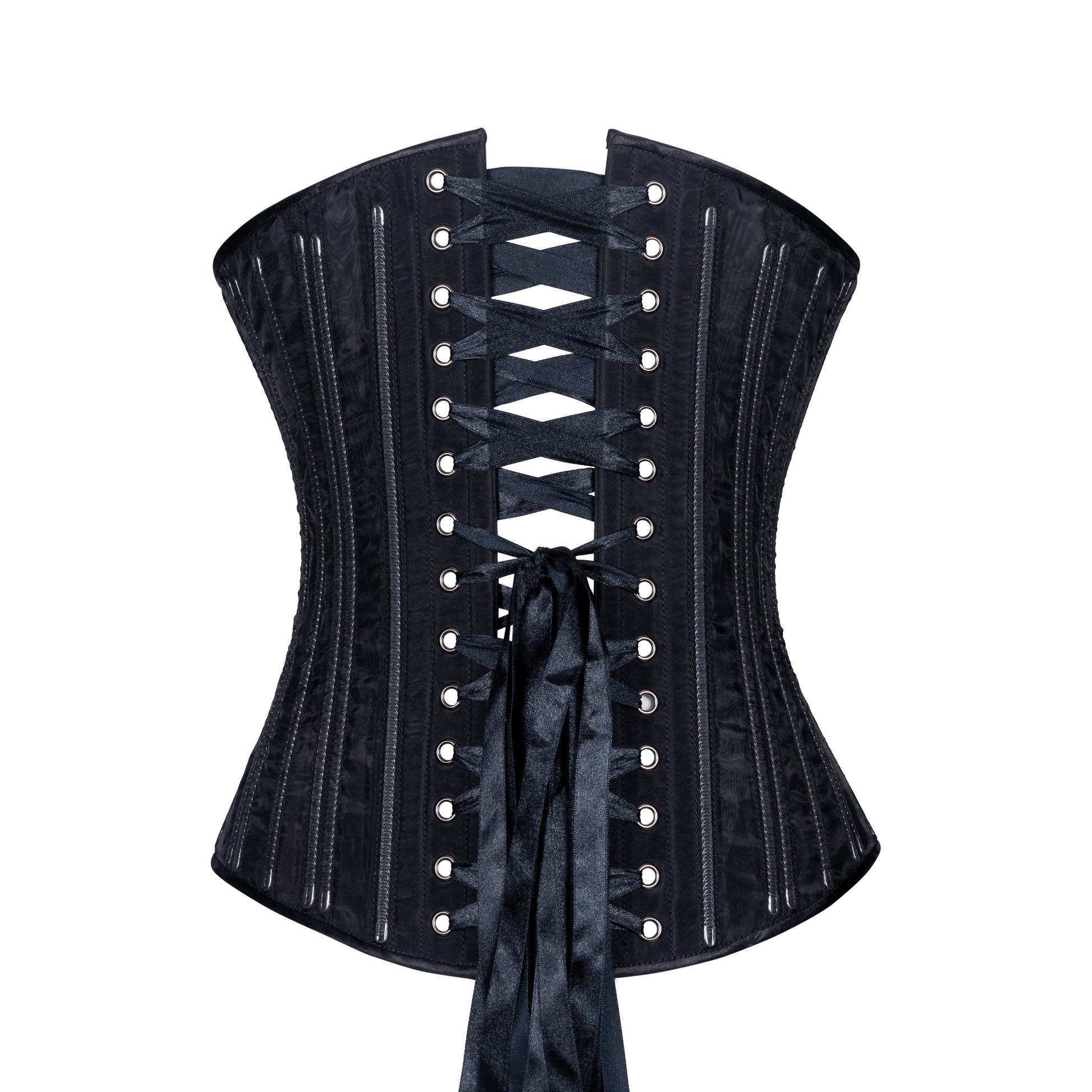 Black Fine Mesh "No Line" corset with black zipper closure, slim silhouette, regular underbust length, back view with black ribbon lacing 