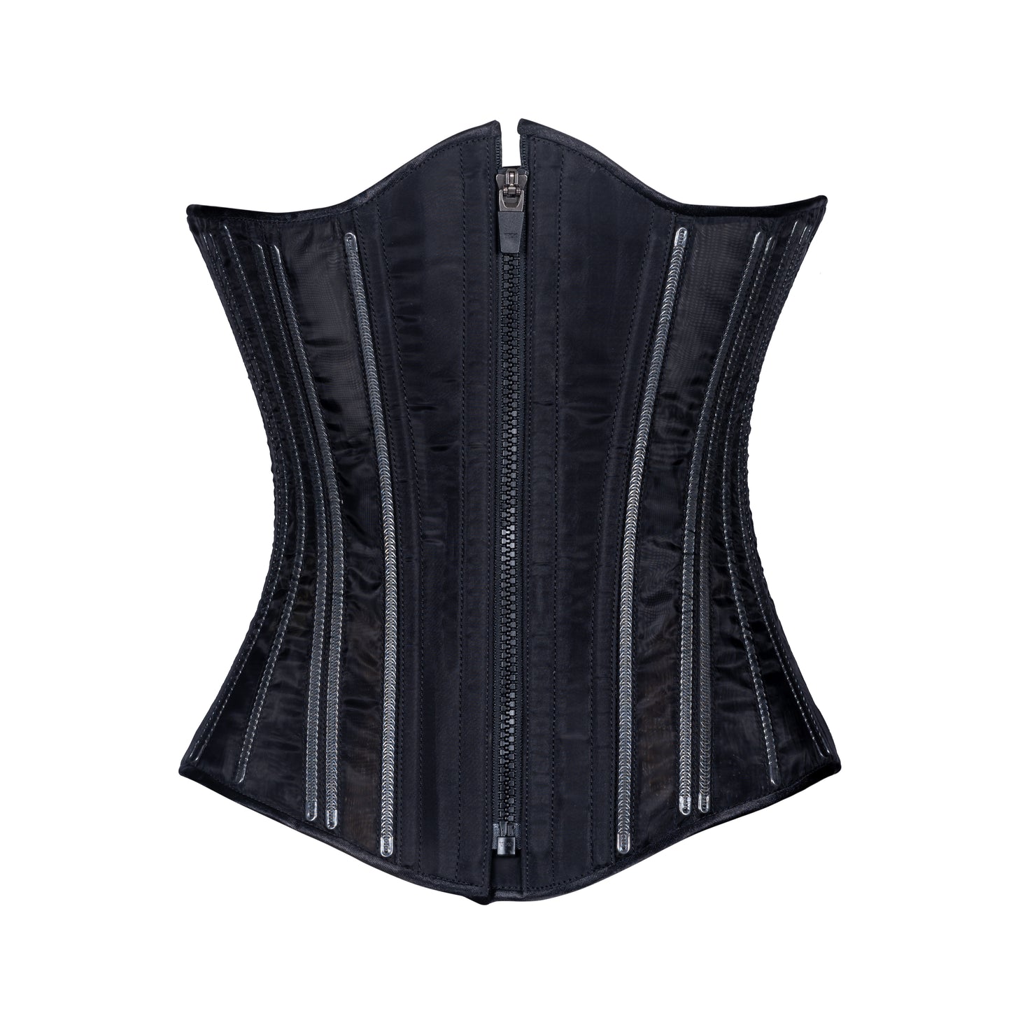 Black Fine Mesh "No Line" corset with black zipper closure, slim silhouette, regular underbust length, front view with zipper closure 