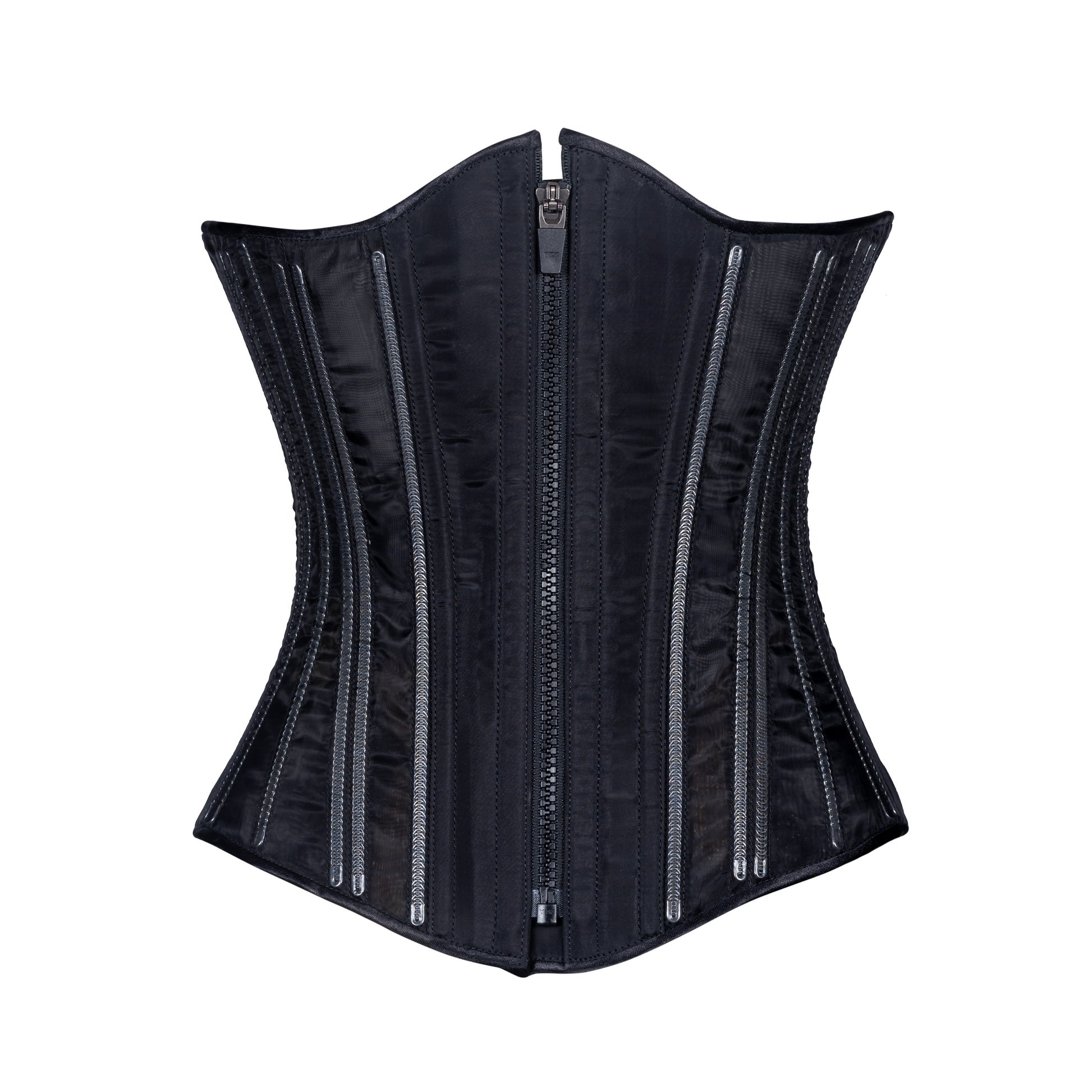 Black Fine Mesh "No Line" corset with black zipper closure, slim silhouette, regular underbust length, front view with zipper closure 