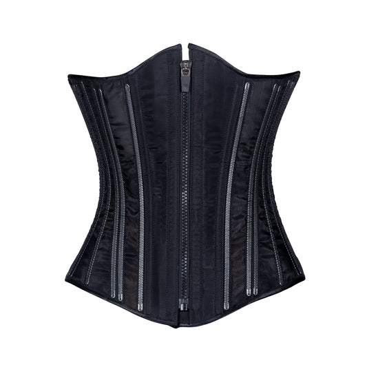Black Fine Mesh "No Line" corset with black zipper closure, slim silhouette, regular underbust length, front view with zipper closure 