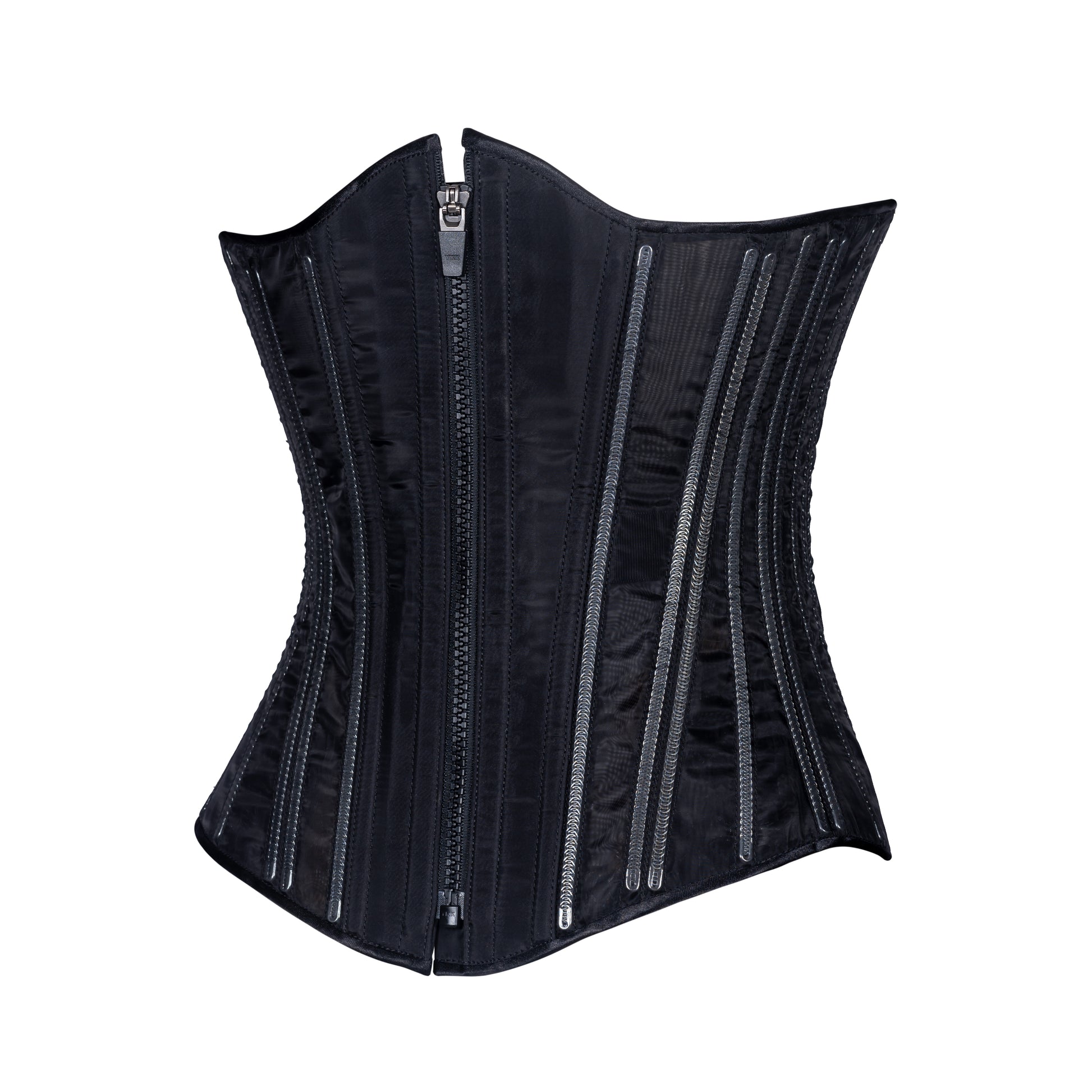 Black Fine Mesh "No Line" corset with black zipper closure, slim silhouette, regular underbust length, side view 
