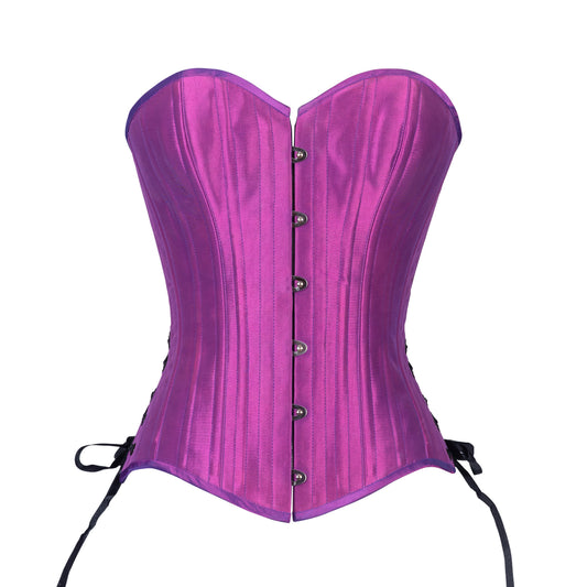 Iridescent Purple Taffeta Corset, slim silhouette, sweetheart overbust with adjustable side hip lacing, front view with busk closure 