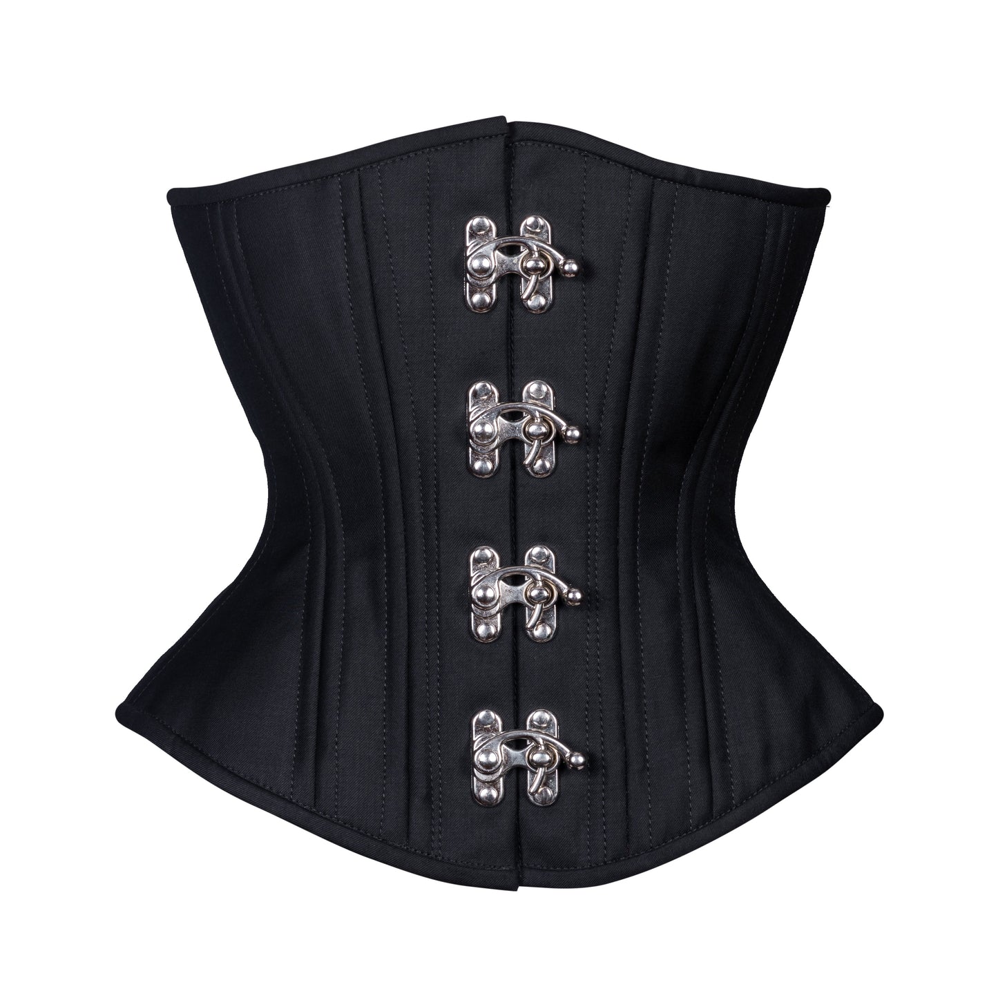 Black Cashmere Corset Corset with silver swing clasps, hourglass silhouette, regular underbust length, front view with clasp closure 