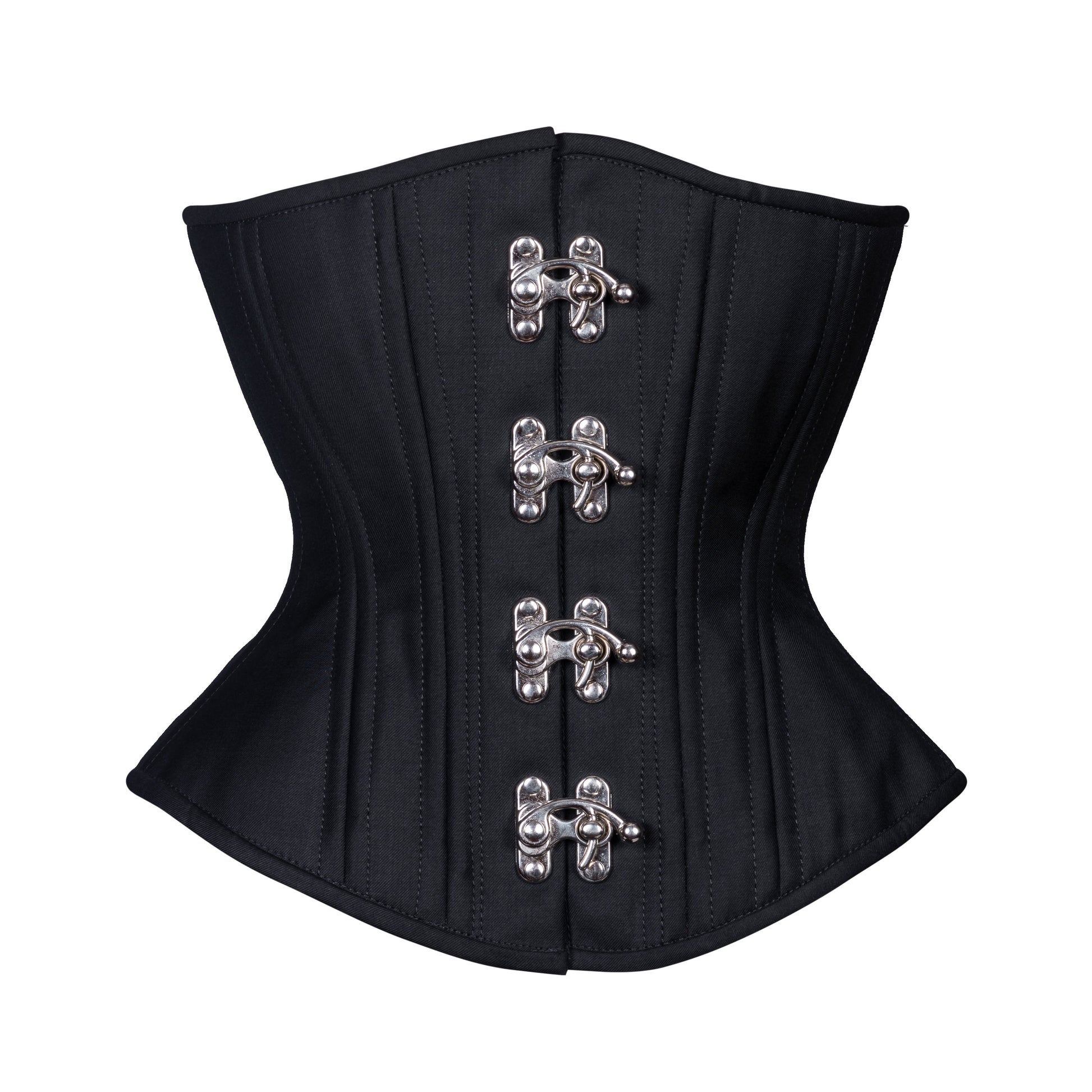Black Cashmere Corset Corset with silver swing clasps, hourglass silhouette, regular underbust length, front view with clasp closure 