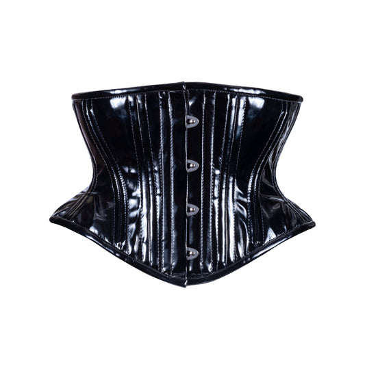 Black shiny vinyl corset, hourglass silhouette, short waspie cincher length, front view with busk closure 